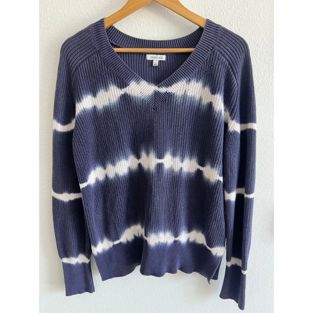 100% Cotton Johnny Was Tie Dye Pullover Knit Sweater Indigo M - Picture 2 of 7